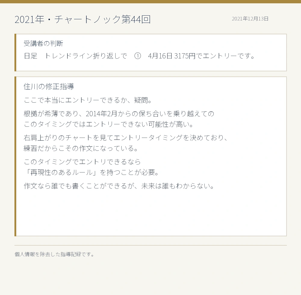 2021年チャートノック第44回の受講者判断と住川の修正指導を匿名化した原文抜粋
